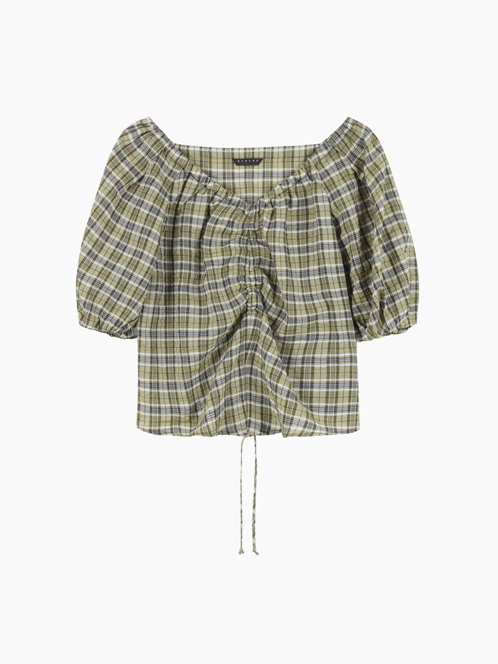 Khaki check blouse with rouching - null - Military Green | Sisley K image number 1